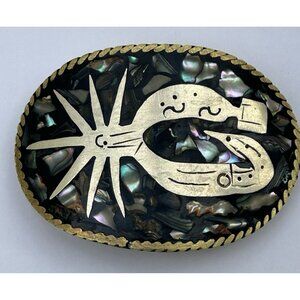 Vintage Alpaca Mexico Abalone Shell Inlay Belt Buckle Western Spur Cowboy Mexico